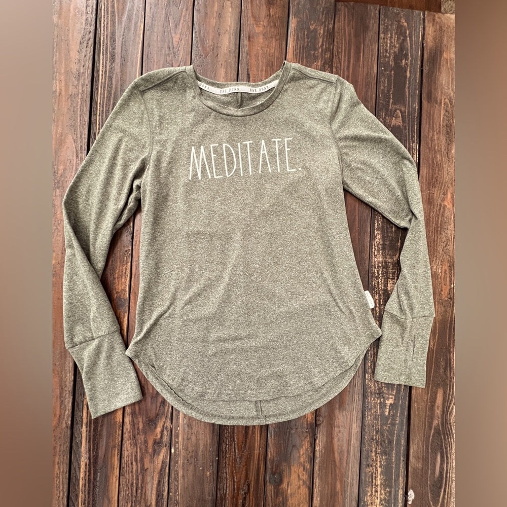 Rae Dunn “Meditate” long sleeve top
Partial open back, thumb holes  Size: S